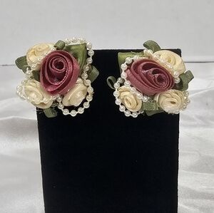 Elegant Handmade Ribbon Rose & Faux Pearl Stud Earrings